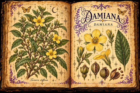 Open aged-parchment grimoire with hand-drawn Turnera diffusa shrub, toothed leaves, small yellow flowers, leaf and fruit studies, purple flourishes, and gold butterflies, titled Damiana