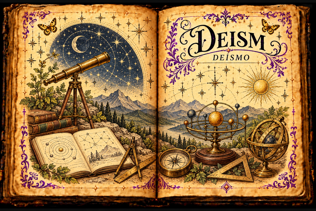 Open aged-parchment grimoire titled Deism and Deísmo, with a telescope, mountain sky, orreries, compass, books, measuring tools, purple flourishes and gold butterflies.