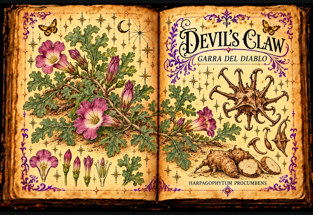 Open aged-parchment grimoire with hand-drawn Harpagophytum procumbens flowers, lobed leaves, hooked fruit and storage roots, purple flourishes and gold butterflies, titled Devil’s Claw and Garra del Diablo