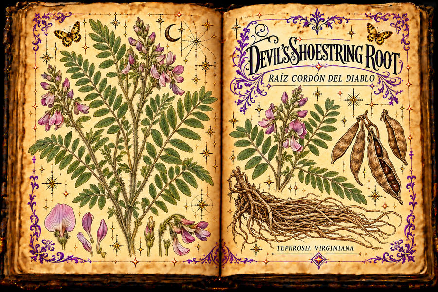 Open aged-parchment grimoire botanical study of Devil’s Shoestring Root, Tephrosia virginiana