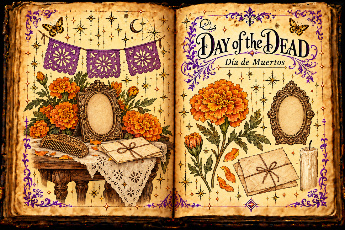 Open parchment grimoire with marigolds, empty keepsake frames, letters, a comb, purple cut-paper decorations and an unlit candle, titled Day of the Dead / Día de Muertos.