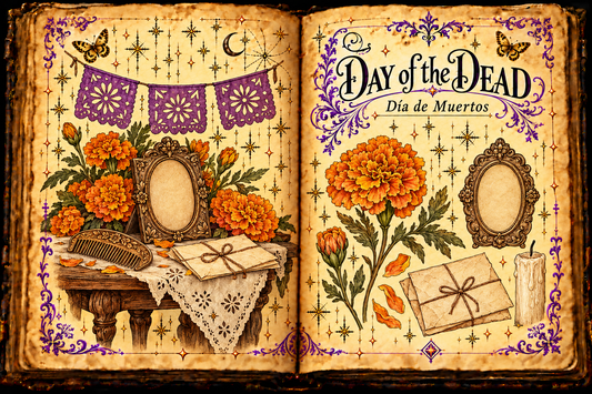 Open parchment grimoire with marigolds, empty keepsake frames, letters, a comb, purple cut-paper decorations and an unlit candle, titled Day of the Dead / Día de Muertos.