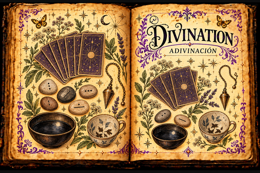 Open aged grimoire illustration labeled Divination / Adivinación with cards, casting stones, pendulums, reflective bowls and teacups