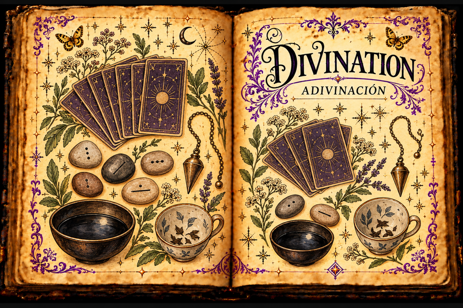Open aged grimoire illustration labeled Divination / Adivinación with cards, casting stones, pendulums, reflective bowls and teacups