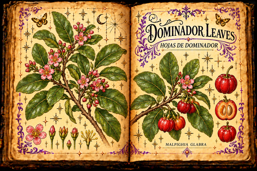Open aged-parchment grimoire botanical study of Dominador leaves, Malpighia glabra