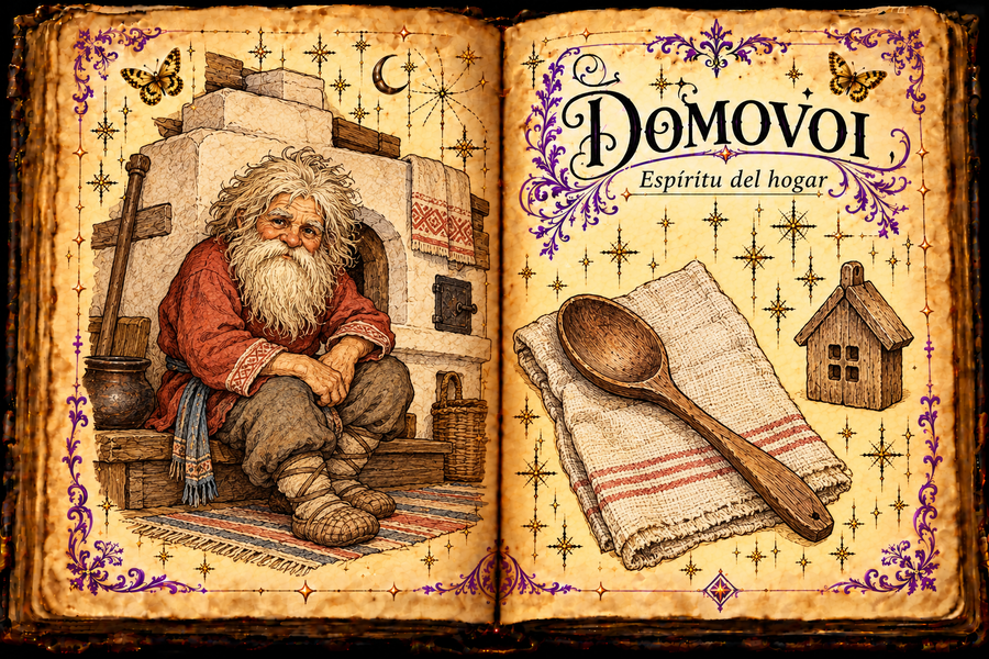 Open parchment grimoire with a white-bearded household spirit beside a masonry stove, a wooden spoon, folded cloth and house token, titled Domovoi / Espíritu del hogar.