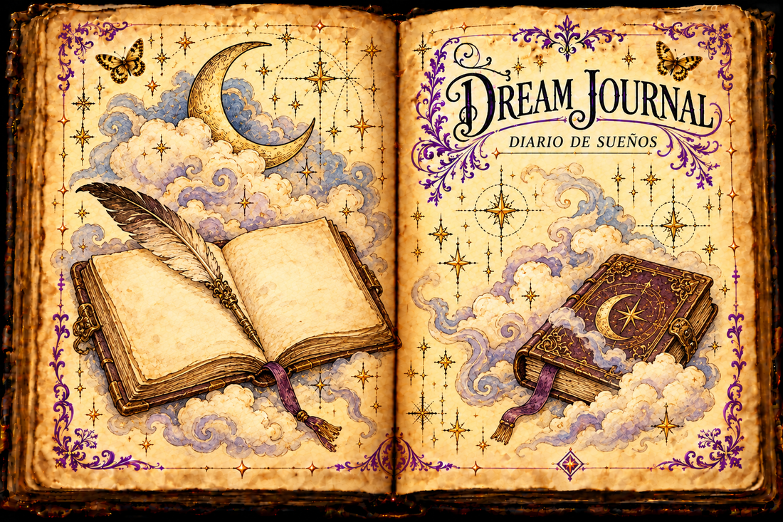 Open aged-parchment grimoire showing journals, a quill, clouds and a crescent moon, titled Dream Journal / Diario de sueños, with purple flourishes and gold butterflies.