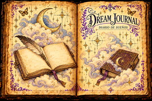 Open aged-parchment grimoire showing journals, a quill, clouds and a crescent moon, titled Dream Journal / Diario de sueños, with purple flourishes and gold butterflies.