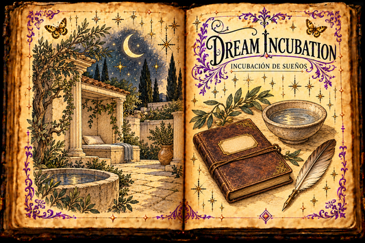 Open aged-parchment grimoire illustration for Dream Incubation / Incubación de sueños, with a moonlit Greek sanctuary, journal, quill, purple flourishes, and gold butterflies