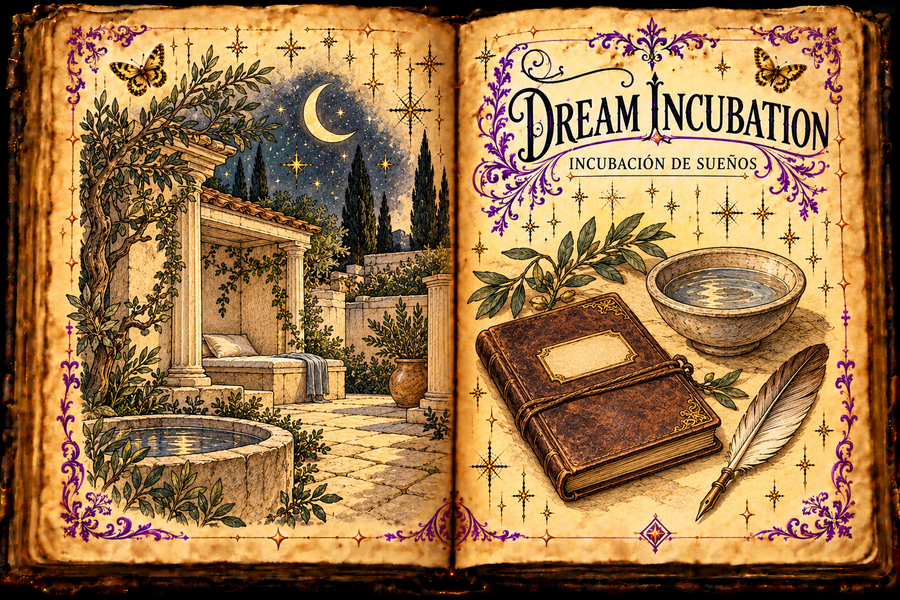 Open aged-parchment grimoire illustration for Dream Incubation / Incubación de sueños, with a moonlit Greek sanctuary, journal, quill, purple flourishes, and gold butterflies