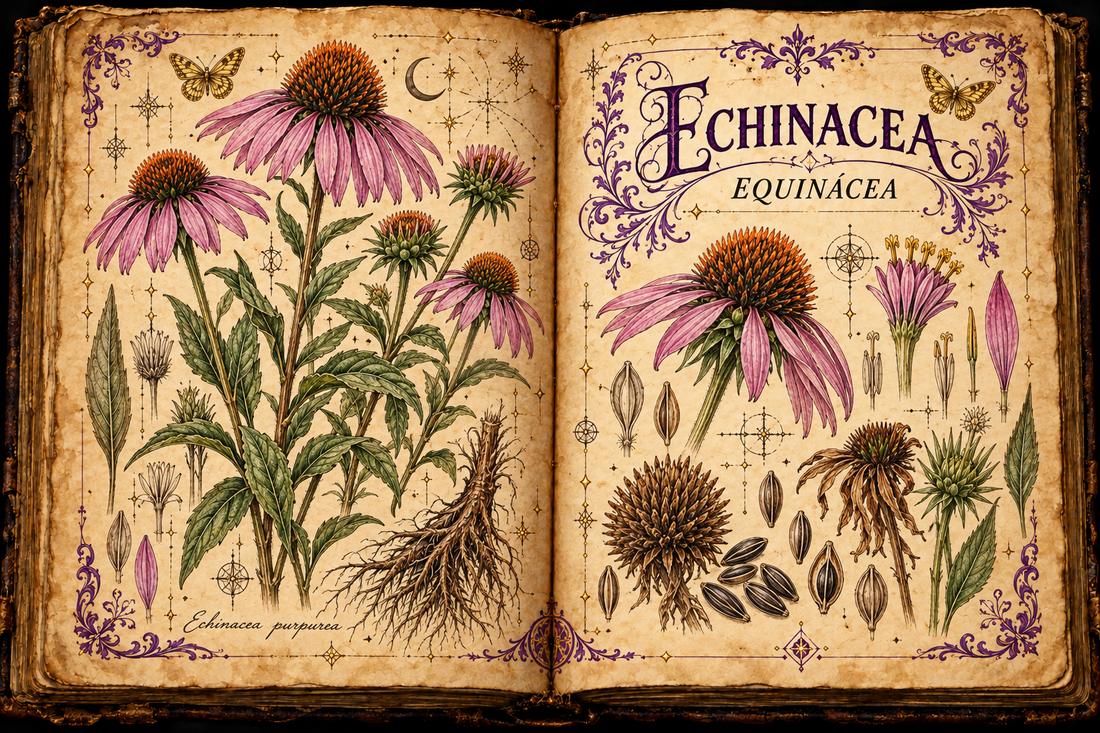 Open aged-parchment grimoire with hand-drawn Echinacea purpurea flowers, spiny copper centers, roots, purple flourishes, and gold butterflies, titled Echinacea and Equinacea