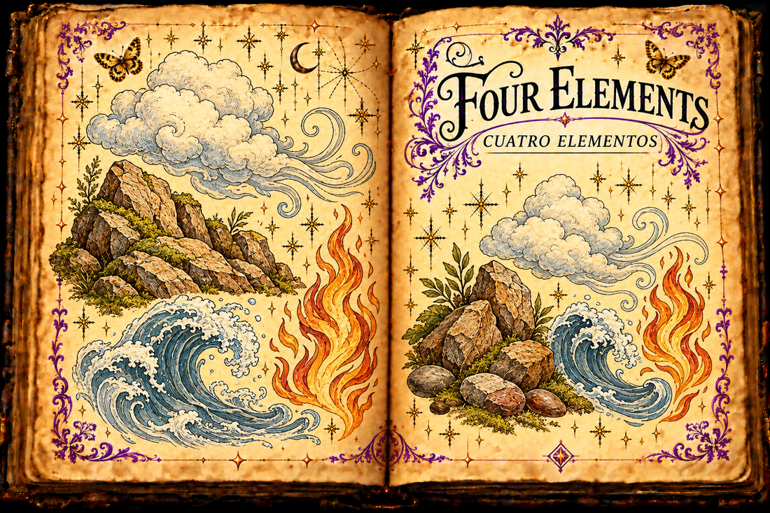 Open aged-parchment grimoire titled Four Elements / Cuatro Elementos, with ink and watercolor studies of rocks, clouds, waves and drawn flames, purple flourishes and gold butterflies.