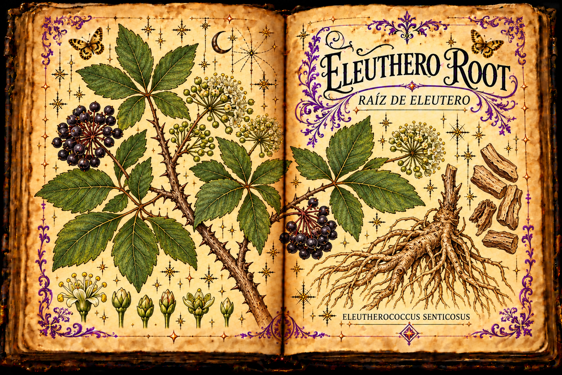 Open aged-parchment grimoire with hand-drawn Eleutherococcus senticosus thorny stems, five-part leaves, flower umbels, black berries and roots, purple flourishes and gold butterflies, titled Eleuthero Root and Raíz de Eleutero