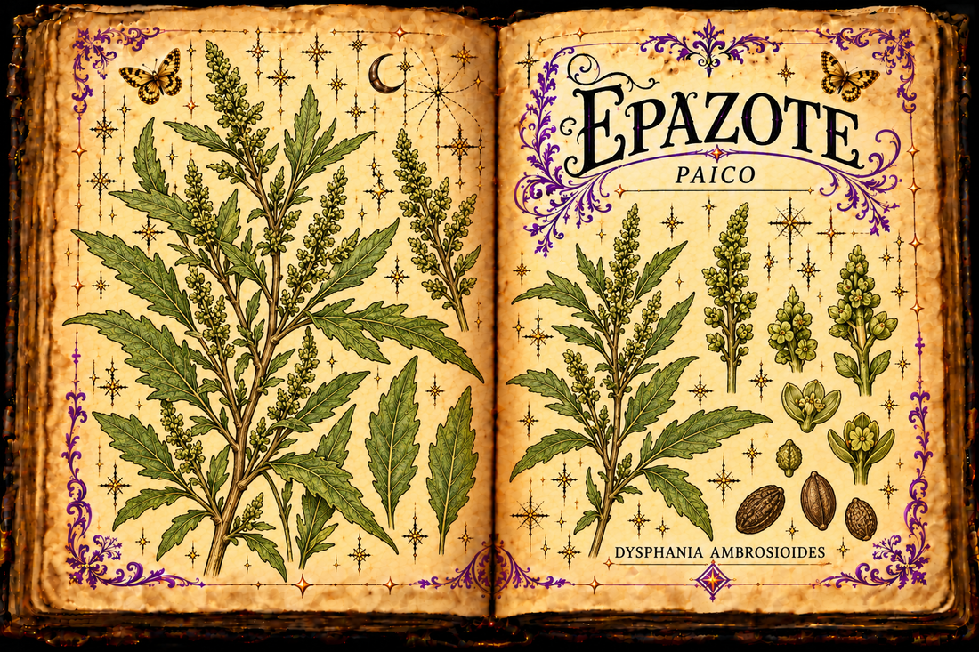 Open aged-parchment grimoire with hand-drawn Dysphania ambrosioides stems, toothed leaves, small green flower spikes, purple flourishes and gold butterflies, titled Epazote and Paico