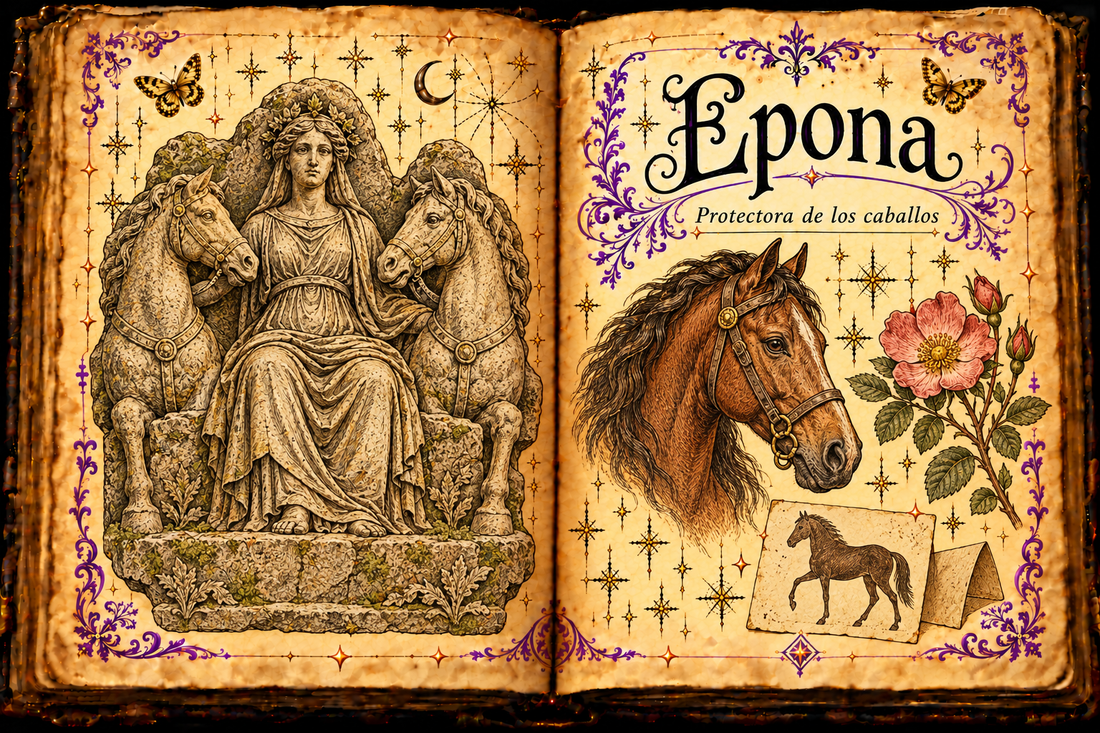 Open parchment grimoire illustrating a human Epona seated between horses, a horse study, rose and paper horse card, with bilingual titles and purple and gold ornament.