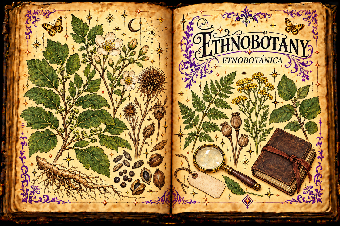 Open aged-parchment grimoire illustrating ethnobotany with botanical study specimens, a magnifying glass, a field notebook, purple flourishes and gold butterflies; titled Ethnobotany / Etnobotánica.
