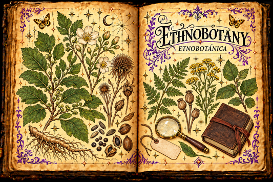 Open aged-parchment grimoire illustrating ethnobotany with botanical study specimens, a magnifying glass, a field notebook, purple flourishes and gold butterflies; titled Ethnobotany / Etnobotánica.