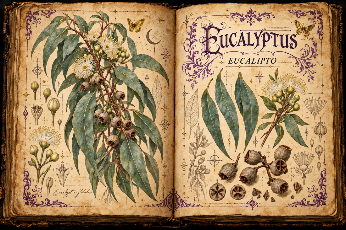 Open aged-parchment grimoire with hand-drawn Eucalyptus globulus leaves, flowers, gumnuts, purple flourishes, and gold butterflies, titled Eucalyptus and Eucalipto