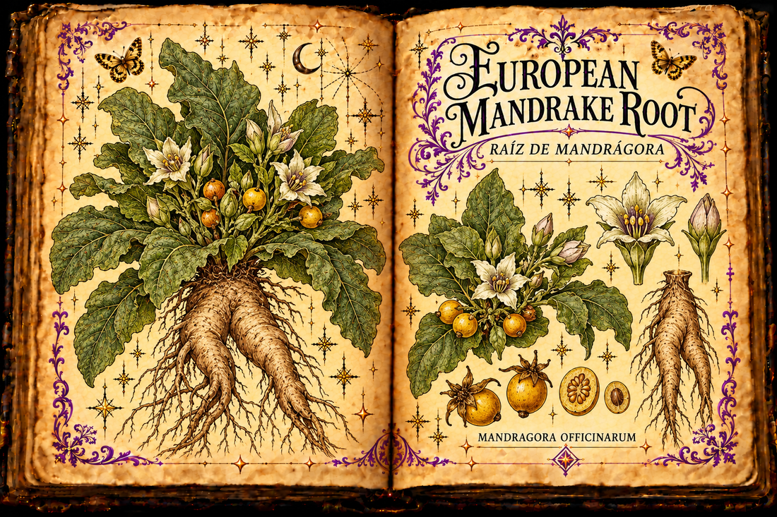 Open aged-parchment grimoire with hand-drawn Mandragora officinarum rosette, pale flowers, yellow-orange berries and naturally forked root, purple flourishes and gold butterflies, titled European Mandrake Root and Raíz de Mandrágora