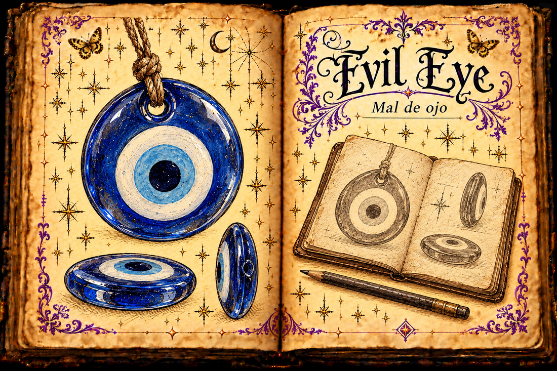 Open parchment grimoire titled Evil Eye / Mal de ojo, showing a blue glass eye charm, detail studies, and a notebook with pencil, framed by purple flourishes and gold butterflies.