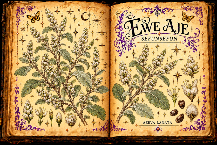Open aged-parchment grimoire botanical study of Ewe Aje or Sefunsefun, Aerva lanata