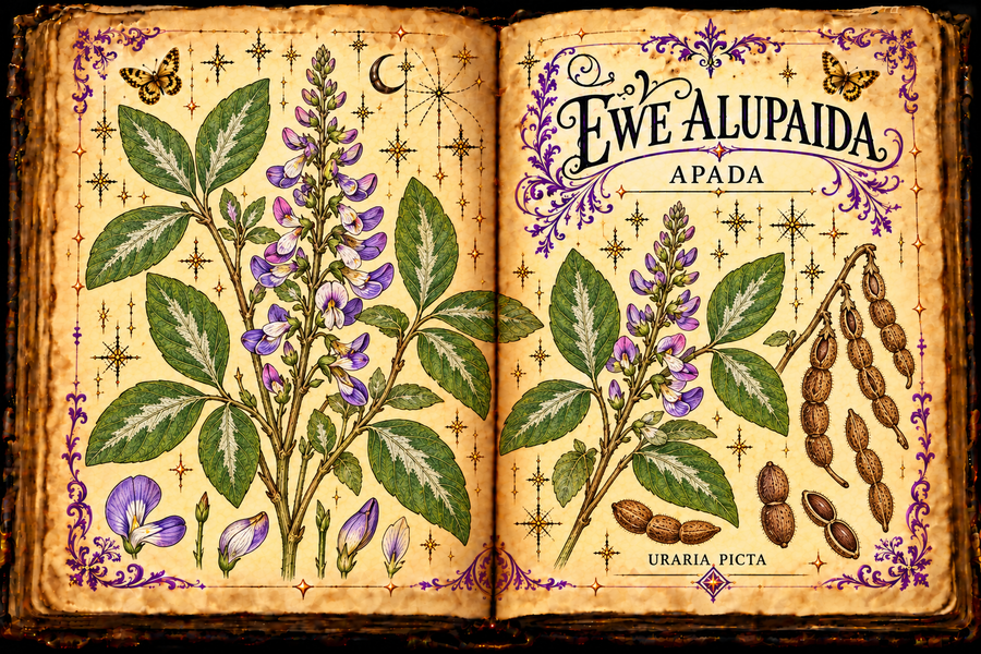 Open aged-parchment grimoire botanical study of Ewe Alupaida or Apada, Uraria picta