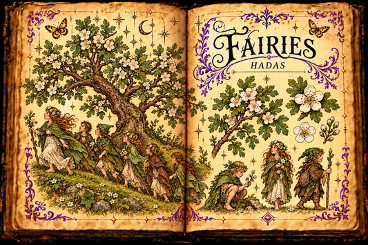 Open aged-parchment grimoire titled Fairies and Hadas, with a hawthorn tree, a procession of wingless fairy folk, purple flourishes and small gold butterflies.