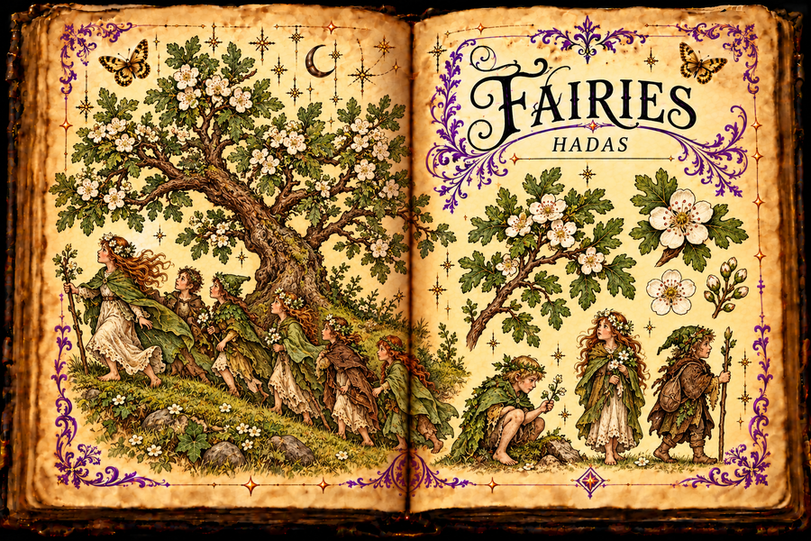 Open aged-parchment grimoire titled Fairies and Hadas, with a hawthorn tree, a procession of wingless fairy folk, purple flourishes and small gold butterflies.