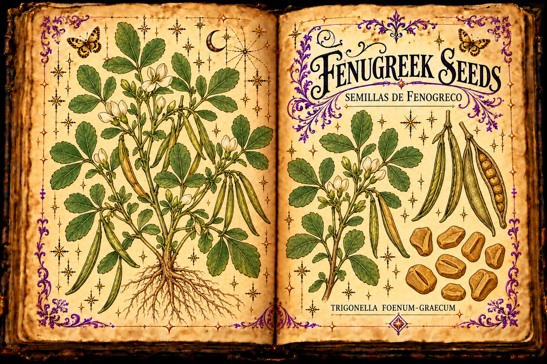 Open aged-parchment grimoire showing fenugreek trifoliate leaves, cream pea-shaped flowers, curved pods and enlarged angular yellow-brown seeds, purple flourishes and gold butterflies, titled Fenugreek Seeds and Semillas de Fenogreco