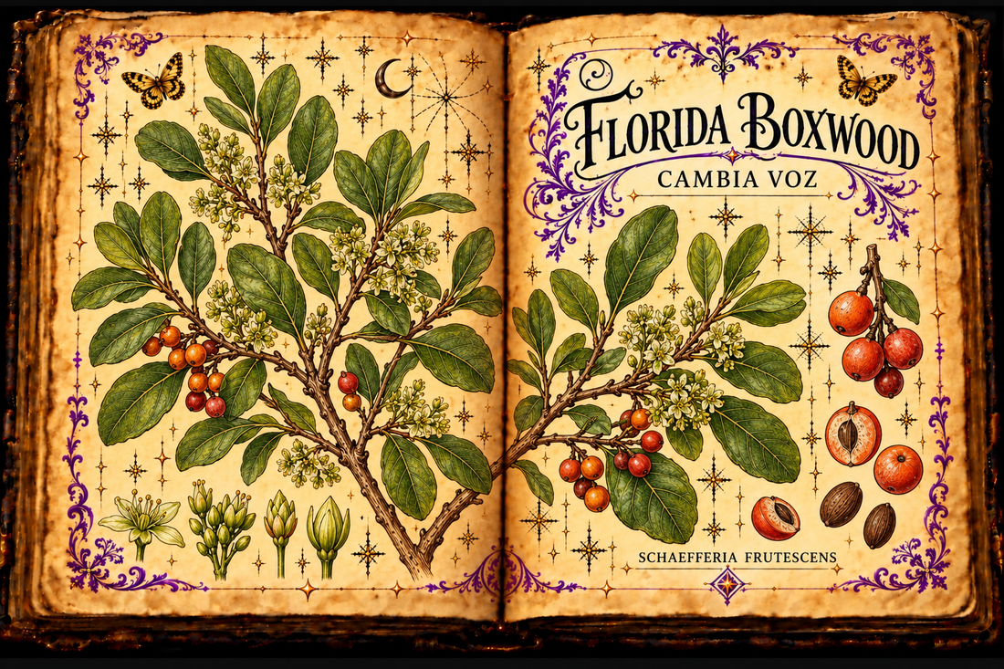 Open aged-parchment grimoire with hand-drawn Schaefferia frutescens branches, leathery leaves, tiny flowers and orange-red fruits, purple flourishes and gold butterflies, titled Florida Boxwood and Cambia Voz
