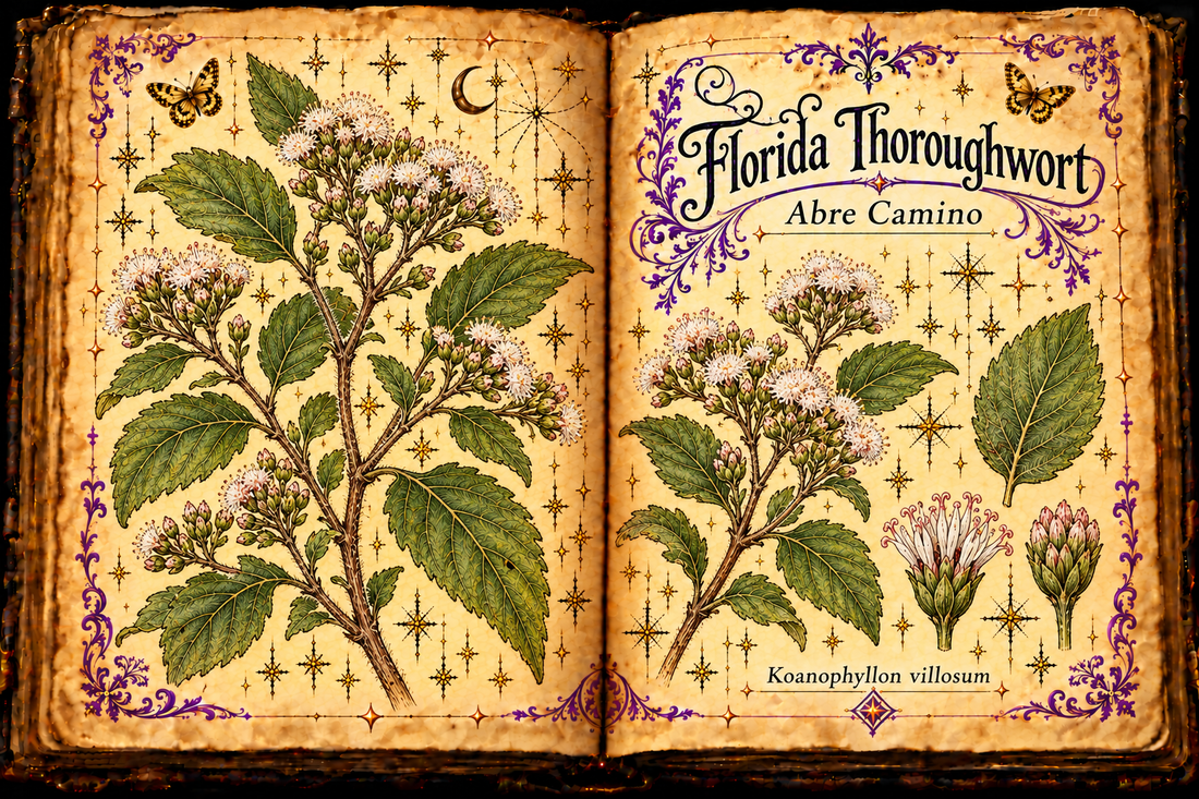 Open aged-parchment Book of Shadows with hand-drawn florida thoroughwort botanical studies, English and Spanish titles, purple flourishes, and gold butterflies.