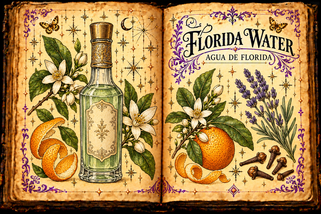 Open aged-parchment grimoire illustration for Florida Water / Agua de Florida, with a capped pale-green cologne bottle, orange blossom, citrus peel, lavender, cloves, purple flourishes, and gold butterflies
