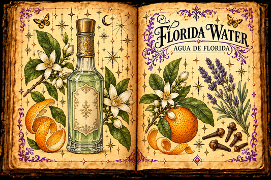 Open aged-parchment grimoire illustration for Florida Water / Agua de Florida, with a capped pale-green cologne bottle, orange blossom, citrus peel, lavender, cloves, purple flourishes, and gold butterflies