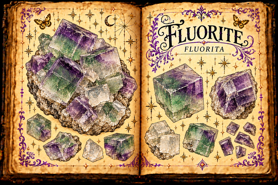 Fluorite (Fluorita) shown as translucent purple, green, and colorless cubic calcium fluoride crystals in an aged open-grimoire illustration.