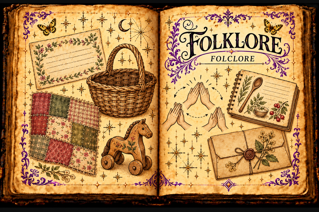 Open aged-parchment grimoire illustrating folklore through a woven basket, patchwork textile, wooden toy, recipe notebook, hand-clapping pattern, archival envelope, purple flourishes and gold butterflies; titled Folklore / Folclore.