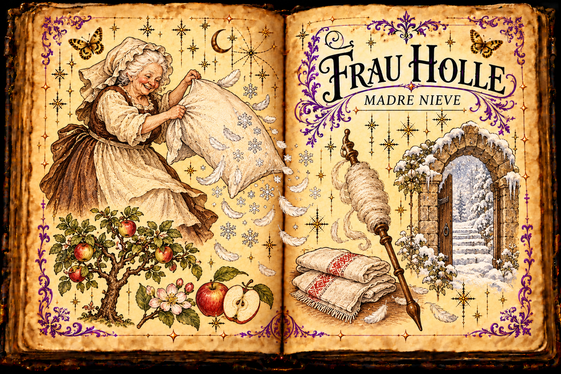 Open aged grimoire showing Frau Holle shaking a feather pillow into snow, an apple tree, spindle, folded linen, and a gateway, with English and Spanish titles.