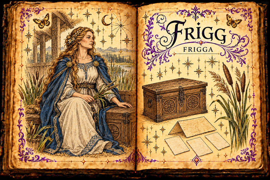 Open parchment grimoire illustration of Frigg in a blue cloak beside a coffer and marsh hall, with reed and folded paper-house studies; titled Frigg / Frigga.