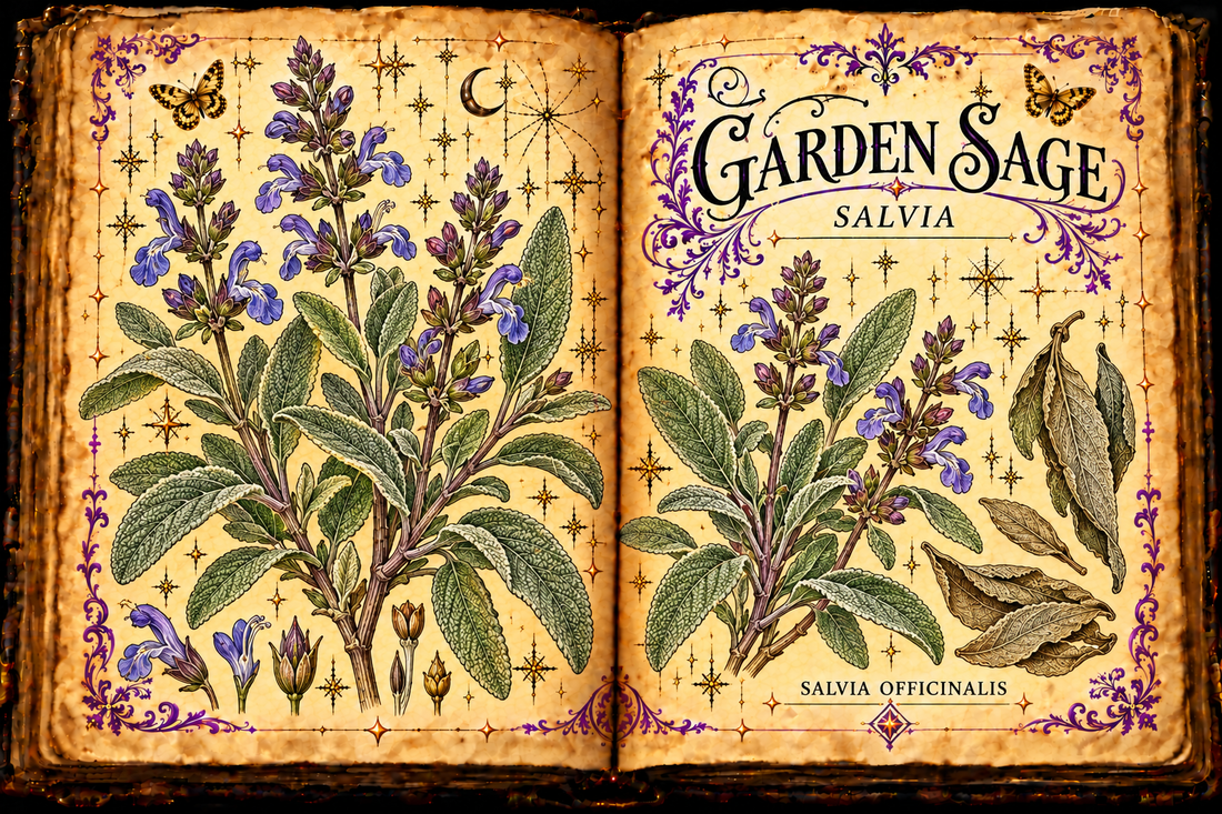 Open aged-parchment grimoire illustration of garden sage, Salvia, Salvia officinalis, with gray-green leaves, violet flowers, purple flourishes, and gold butterflies.
