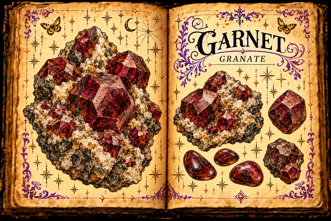 Open aged-parchment grimoire with ink and watercolor studies of red garnet crystals and tumbled stones, titled Garnet and Granate.