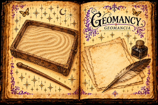 Open aged-parchment grimoire titled Geomancy / Geomancia, with a sand tray and wooden stylus beside blank papers, a quill and an ink bottle.