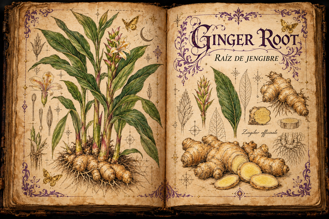 Open aged-parchment grimoire with hand-drawn Zingiber officinale leaves, flowers, ginger rhizomes, purple flourishes, and gold butterflies, titled Ginger Root and Raíz de Jengibre