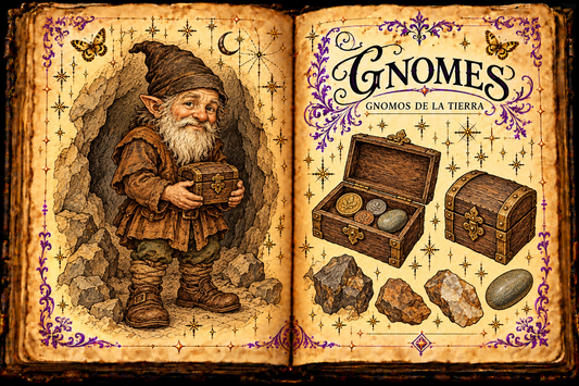 Open parchment grimoire showing an imagined gnome with a wooden chest in a rocky cavern, with coins and stones, titled Gnomes / Gnomos de la tierra.