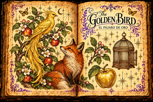 Open parchment grimoire titled The Golden Bird / El pájaro de oro, with a golden bird, red fox, apple branch, birdcage and golden apple.