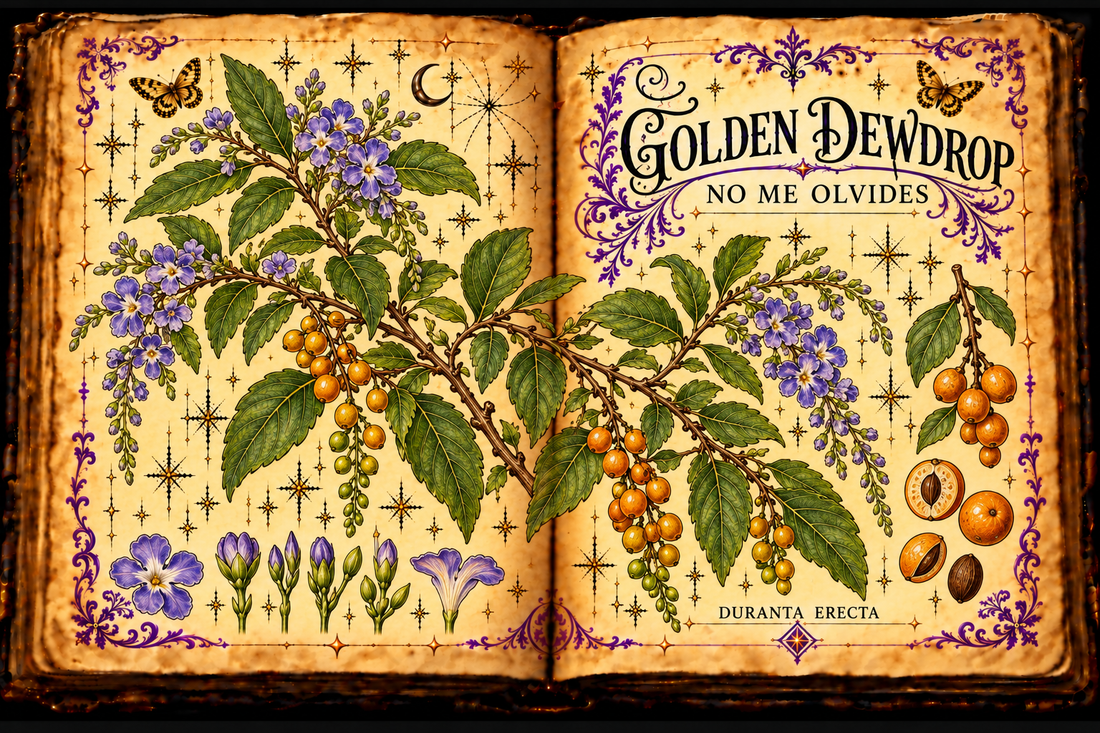 Open aged-parchment grimoire with hand-drawn Duranta erecta branches, violet-blue flowers and golden-orange berries, purple flourishes and gold butterflies, titled Golden Dewdrop and No Me Olvides