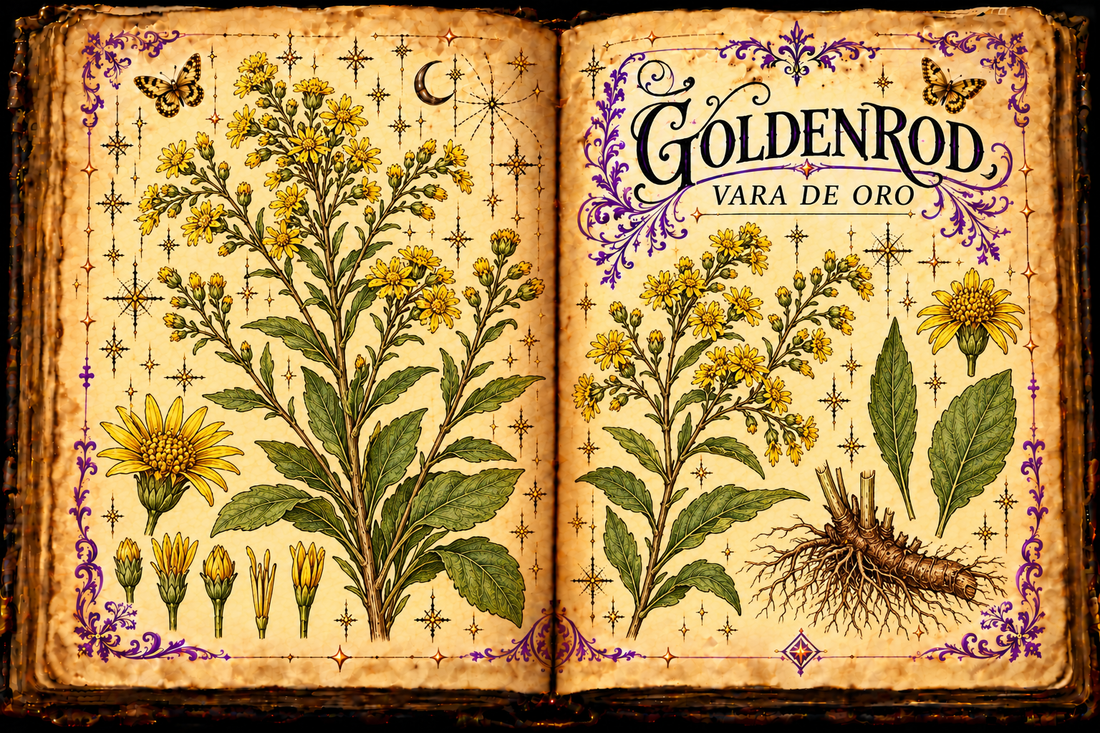 Open parchment grimoire with a hand-drawn Solidago virgaurea botanical study, titled Goldenrod / Vara de Oro