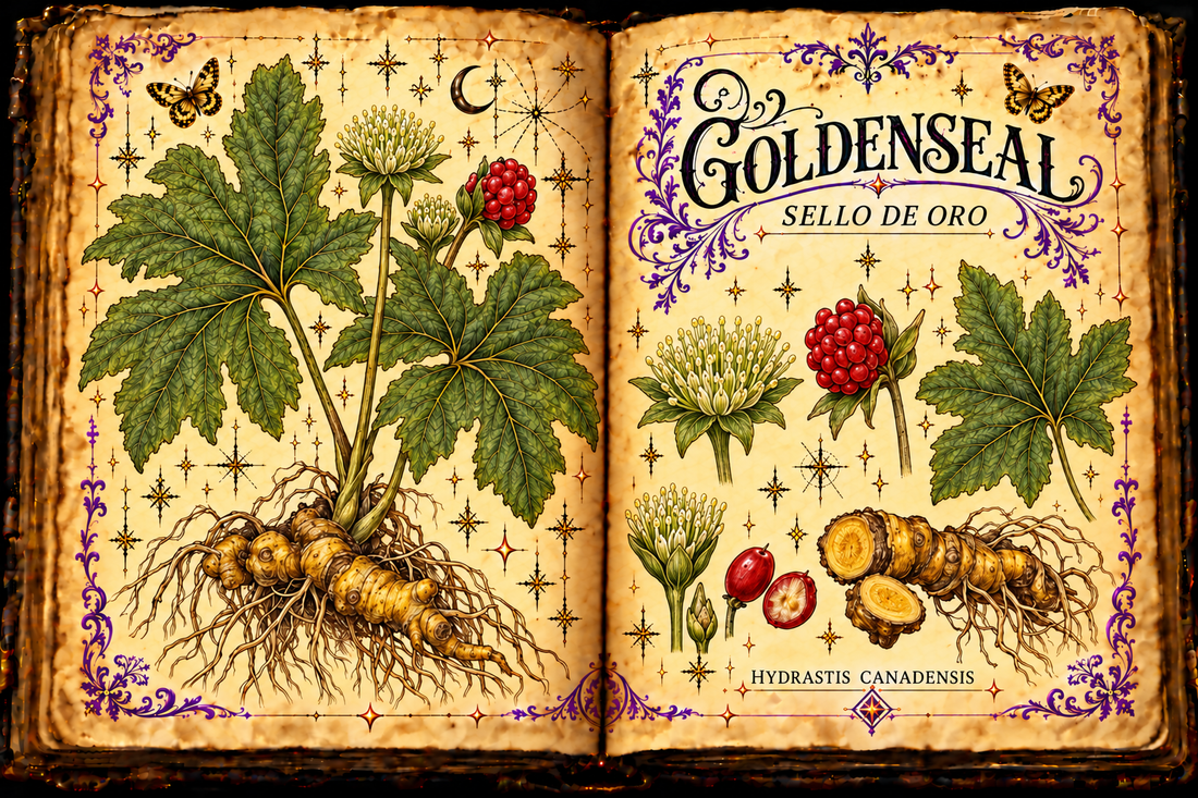 Open aged-parchment grimoire with hand-drawn Hydrastis canadensis lobed leaves, petal-less flowers, red aggregate fruit and golden rhizome, purple flourishes and gold butterflies, titled Goldenseal and Sello de Oro