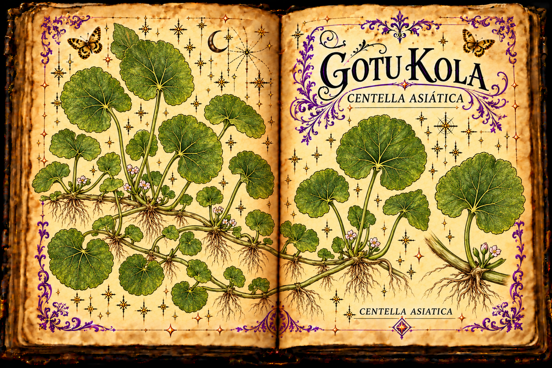 Open aged-parchment grimoire with hand-drawn Centella asiatica creeping stems, rooted nodes, rounded scalloped leaves and tiny pale pink flowers, purple flourishes and gold butterflies, titled Gotu Kola and Centella Asiática