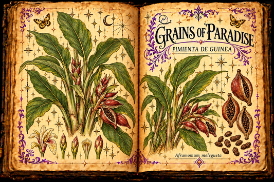 Open aged-parchment grimoire botanical study of Grains of Paradise, Pimienta de Guinea, Aframomum melegueta