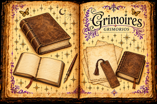 Open aged-parchment grimoire with ink studies of bound books, a blank notebook, pen, paper and bookmark, titled Grimoires and Grimorios.