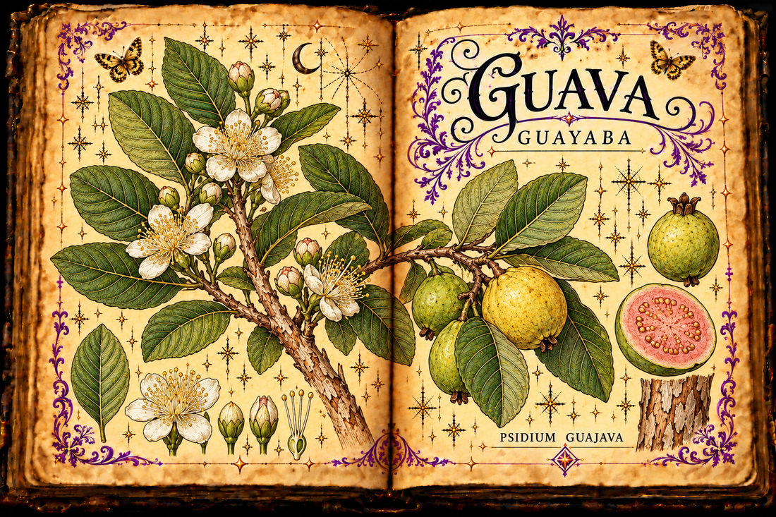 Open aged-parchment grimoire with hand-drawn Psidium guajava branch, veined leaves, white flowers, whole and cut fruit, bark detail, purple flourishes and gold butterflies, titled Guava and Guayaba